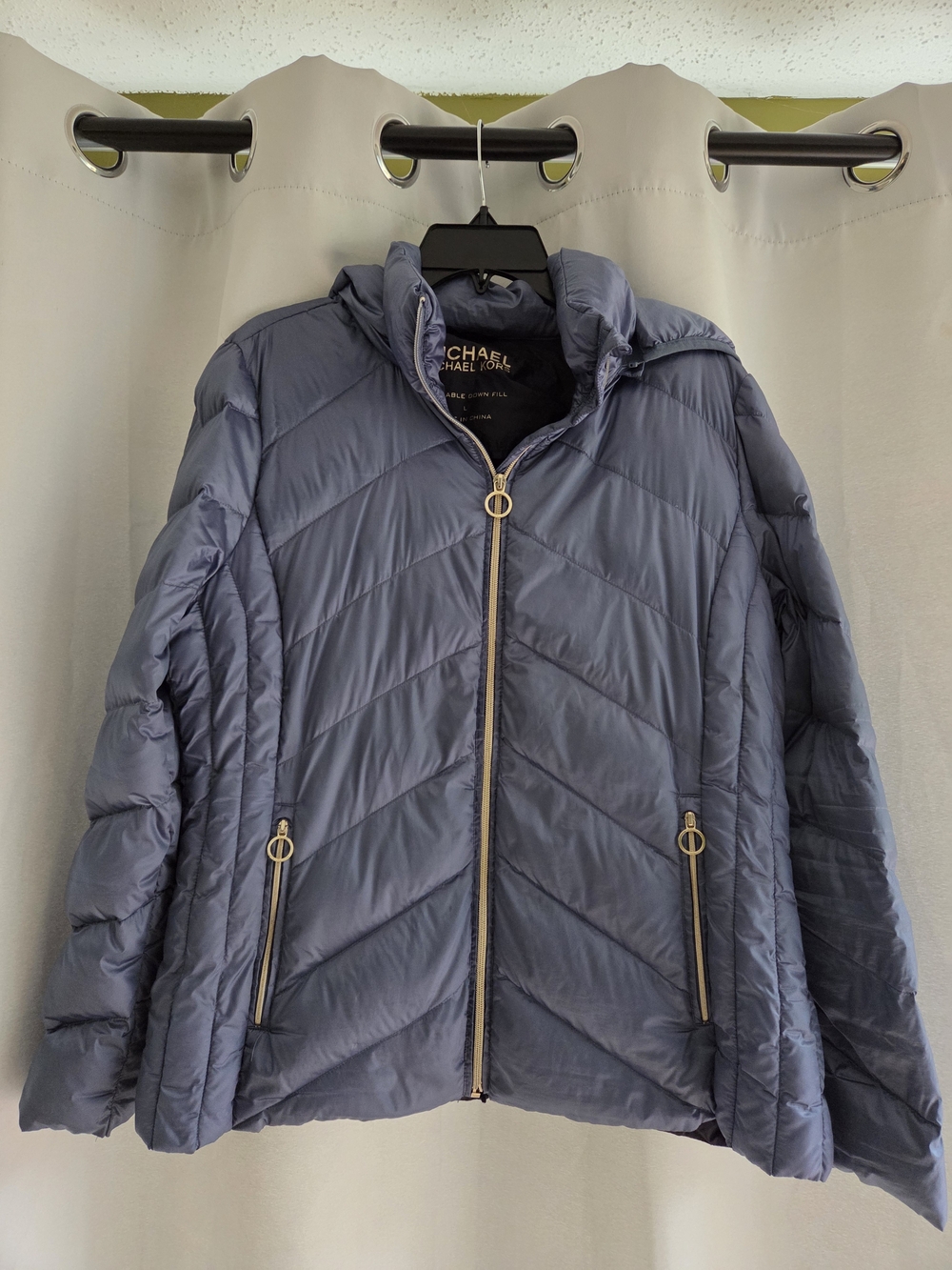 Michael Kors Packable Down Puffer Jacket Large Grey Gold Hardware Pouch